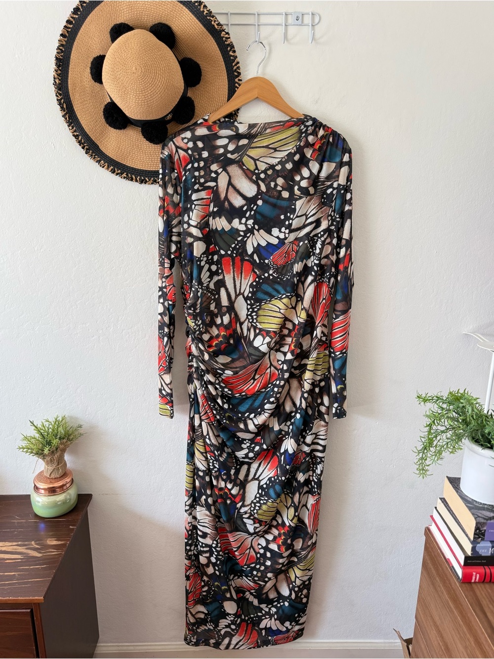 Ashley Graham Long Sleeve Ruched Mesh Butterfly Print Maxi Dress NWT Size 1X